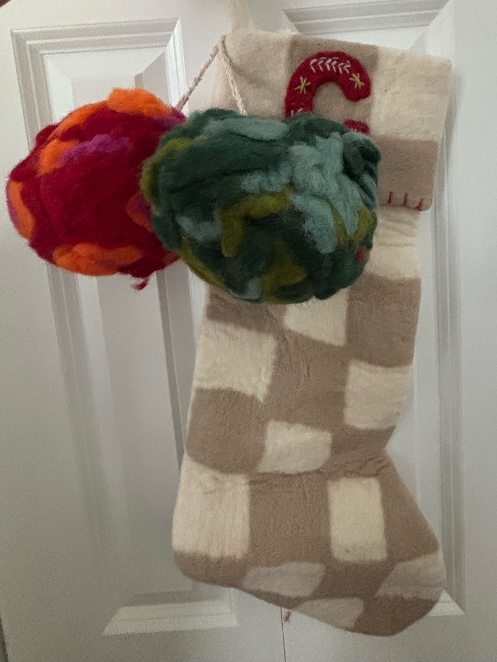 Anthropologie Felt Checkered Holiday Stocking with Pom Poms